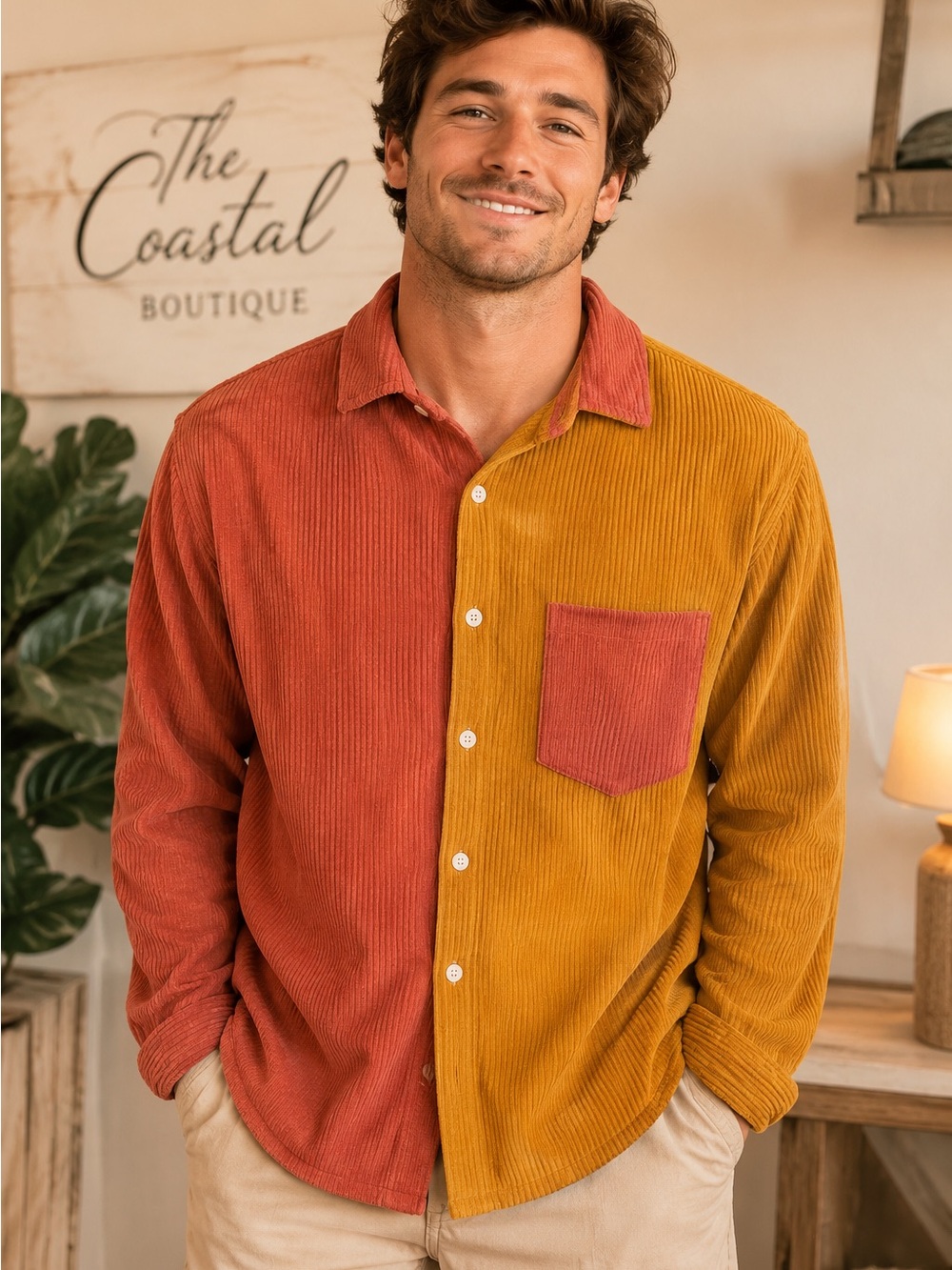 Two-Tone Corduroy Button-Down Shirt in Rust & Mustard